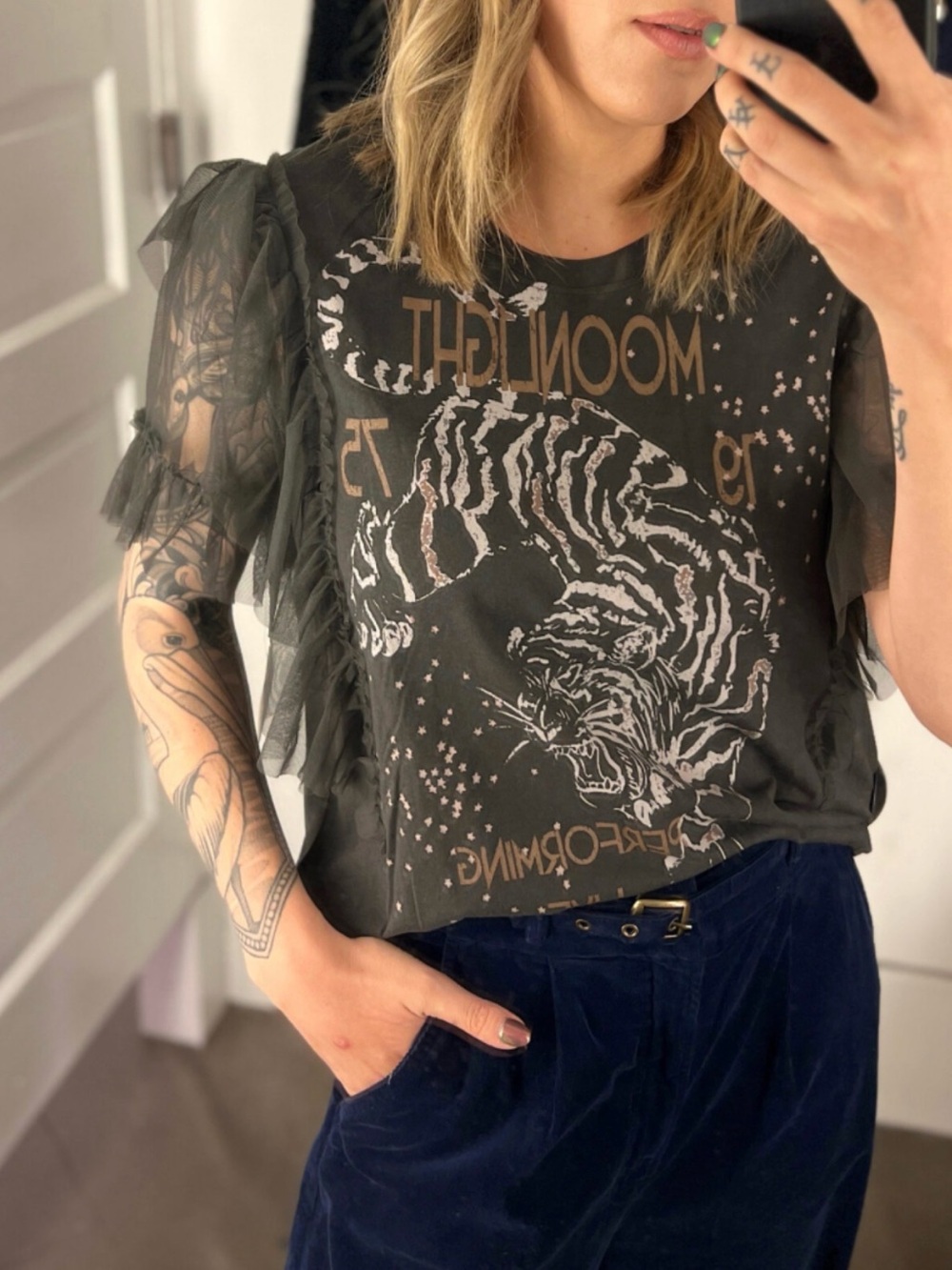 Pilcro Black Tiger Graphic Tee with Sheer Ruffle Sleeves